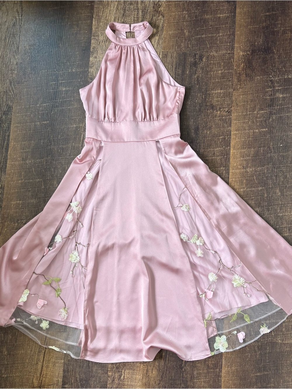 JJs House Dusty Pink Halter Floral-Appliqué Formal Dress
